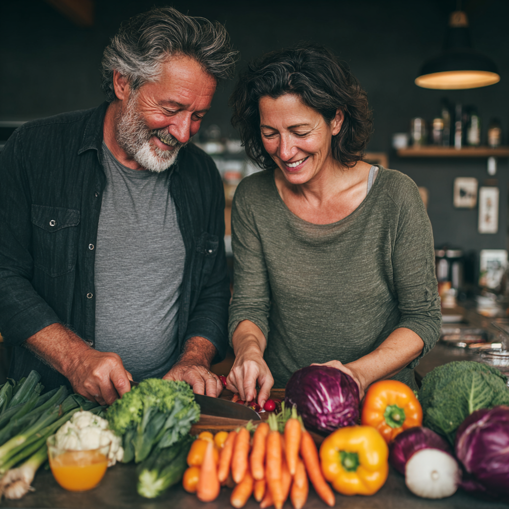 Healthy couple in their 50s preparing nutritious breakfast together, both smiling and organizing colorful fruits and vegetables on kitchen counter
