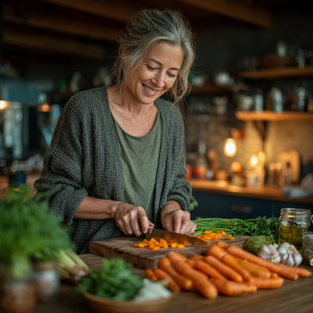 Middle-aged woman around 45 years old preparing healthy meal in modern kitchen, smiling while chopping vegetables